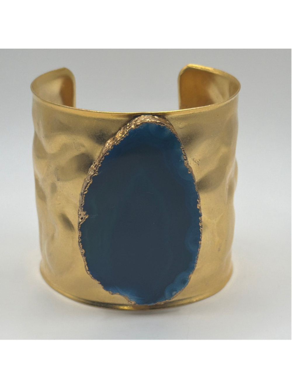 Blue Dyed Agate Slice Gold Tone Statement Cuff Bracelet Boho - Picture 2 of 5